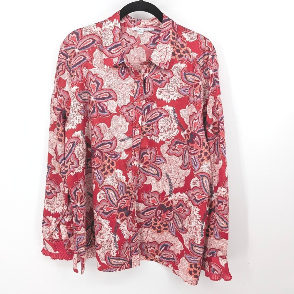 Chicos Button Down Women 16 Red Floral Paisley Pleated Cuffs Silky Blouse Boho